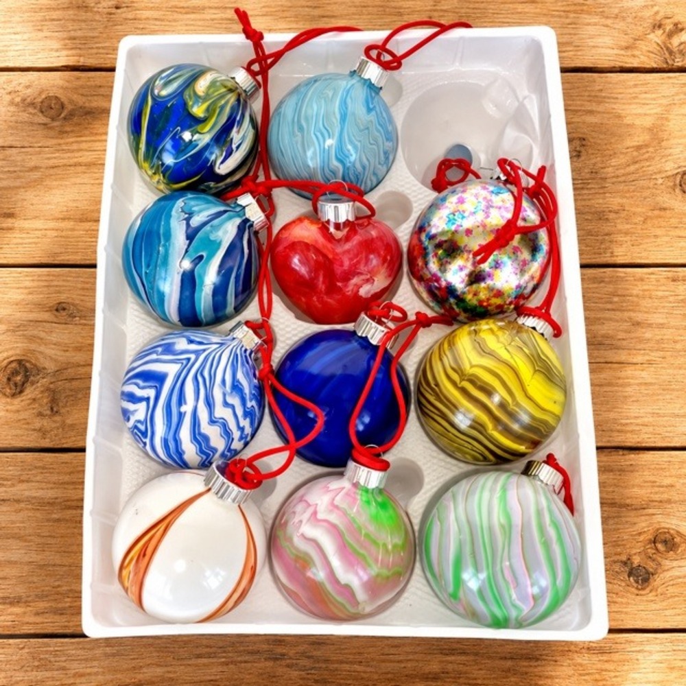 Handcrafted Glass Christmas Ornaments Set of 11 Marbled Multicolor Holiday